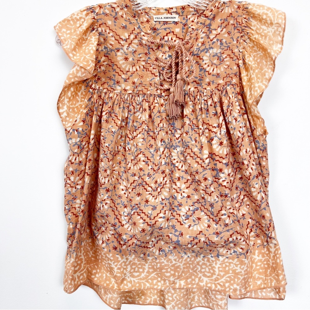 Ulla Johson Elisa cap sleeve top cotton tasseled blouse